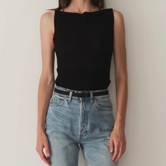 Doen Nerida Pointelle Knit Bateau Boatneck Sleeveless Sweater Top Tank Black - Picture 1 of 14